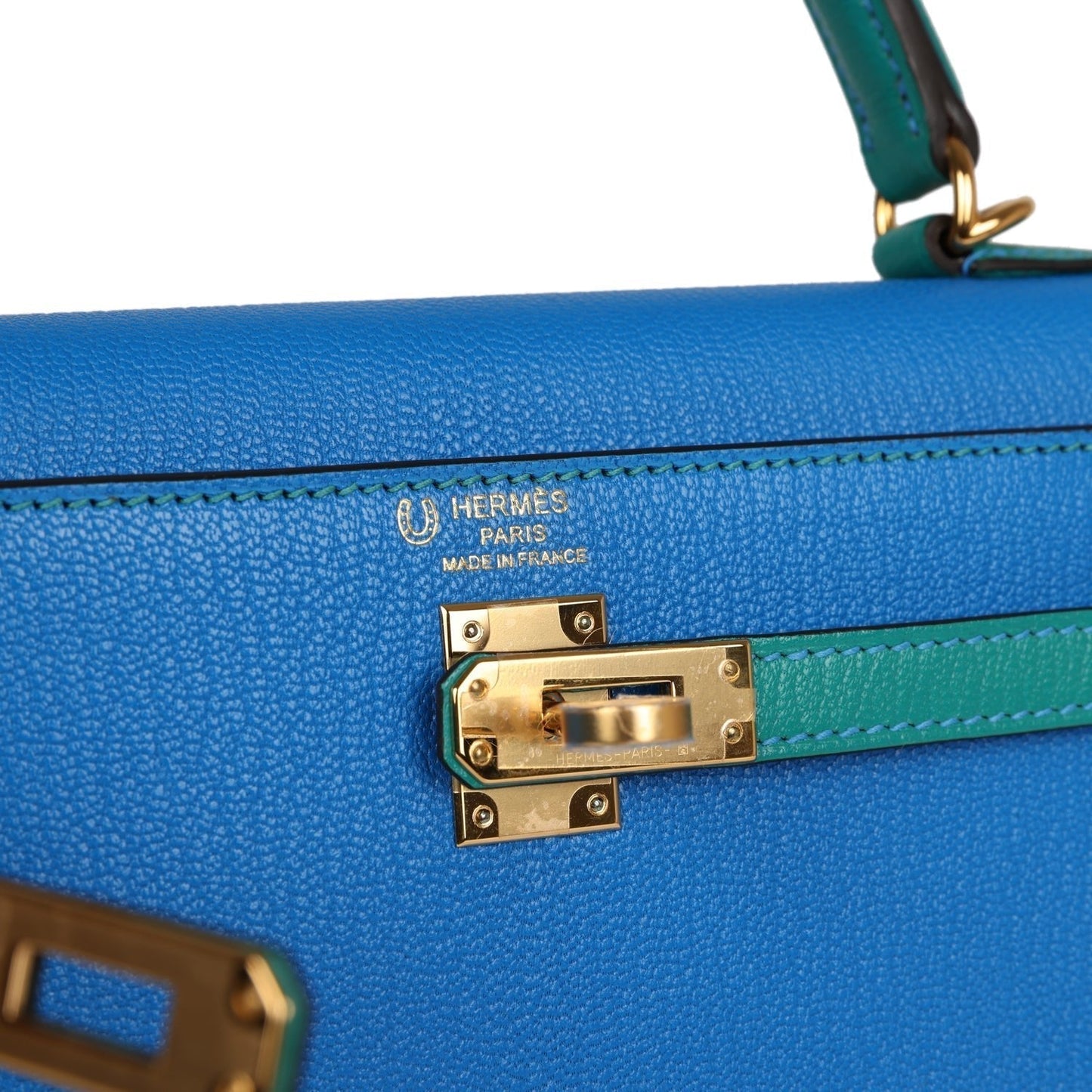 Hermes Special Order (HSS) Kelly Sellier 25 Bleu Hydra and Bleu Paon Chevre Mysore Gold Hardware