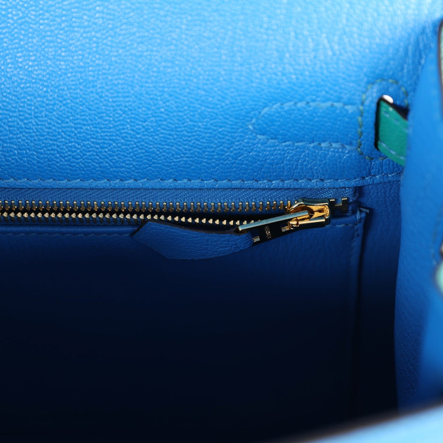 Hermes Special Order (HSS) Kelly Sellier 25 Bleu Hydra and Bleu Paon Chevre Mysore Gold Hardware