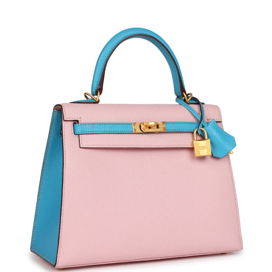 Hermes Special Order (HSS) Kelly Sellier 25 Rose Sakura and Bleu Aztec Chevre Brushed Gold Hardware