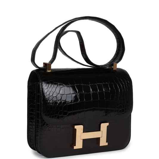 Pre-owned Hermes Constance 24 Black Shiny Alligator Rose Gold Hardware