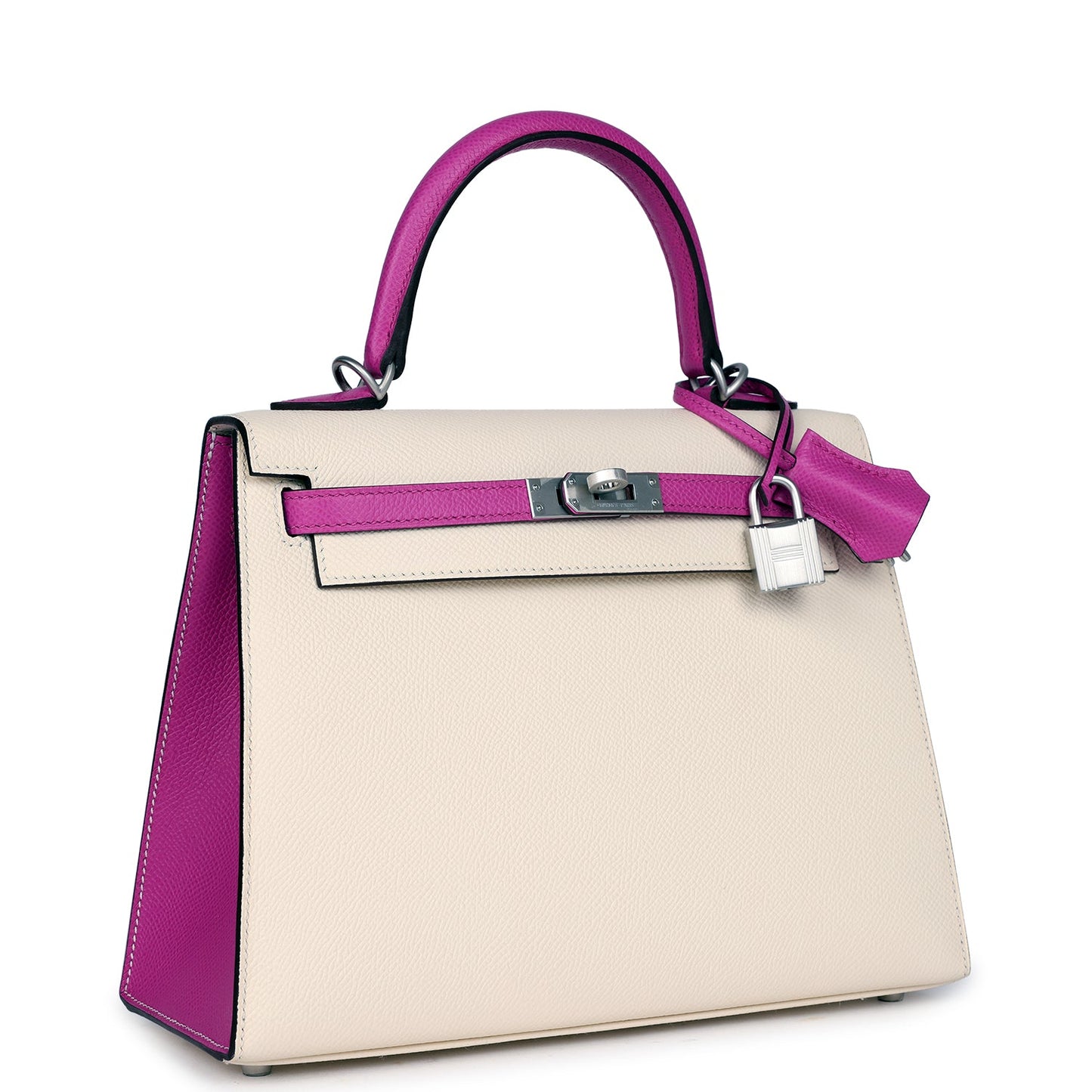 Pre-owned Hermes Special Order (HSS) Kelly Sellier 25 Nata and Rose Pourpre Epsom Brushed Palladium Hardware