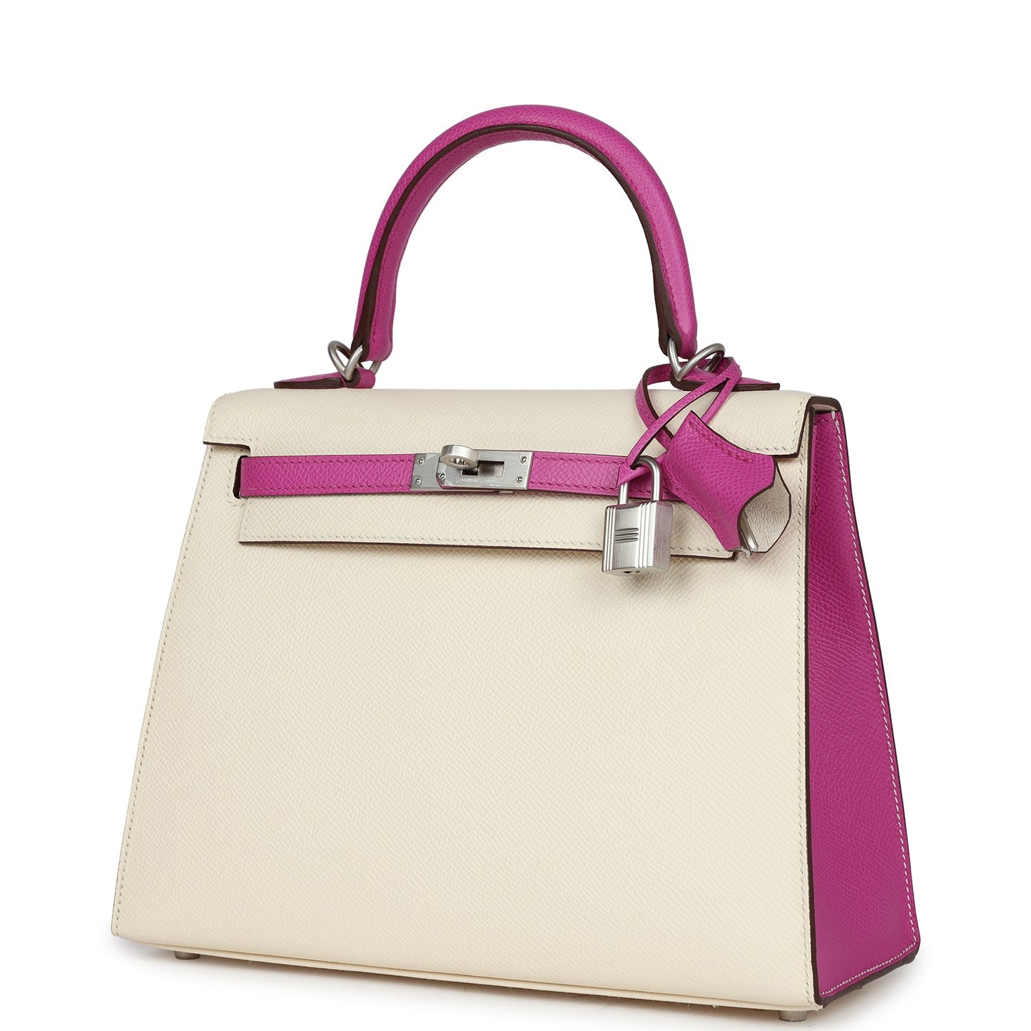 Pre-owned Hermes Special Order (HSS) Kelly Sellier 25 Nata and Rose Pourpre Epsom Brushed Palladium Hardware