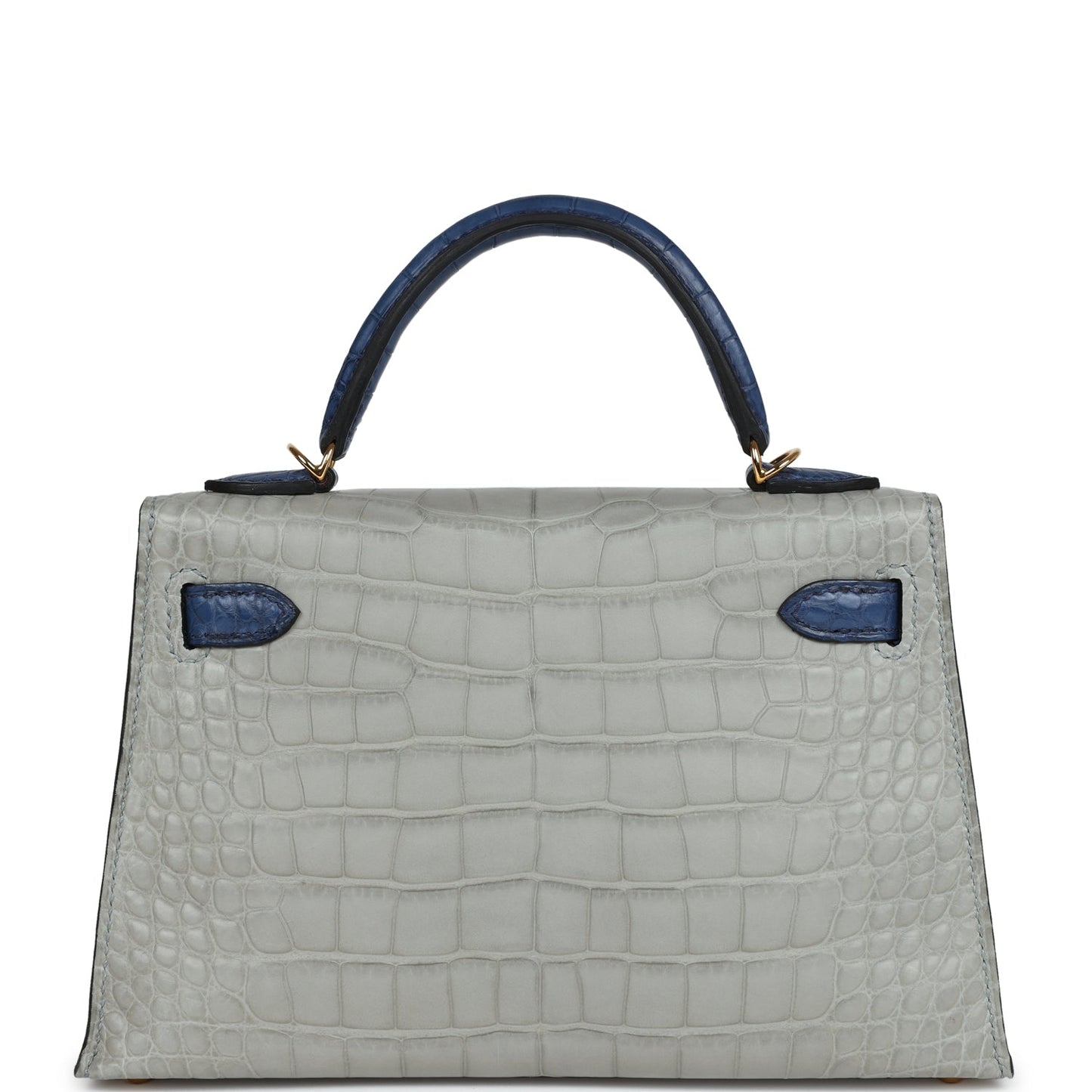 Hermes Special Order (HSS) Kelly Sellier 20 Gris Perle and Bleu de Malte Matte Alligator Gold Hardware