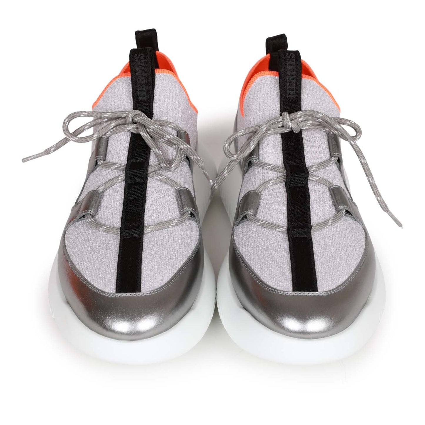 Hermes Duel Sneakers Silver, Black, and Orange Calfskin and Rubber 40