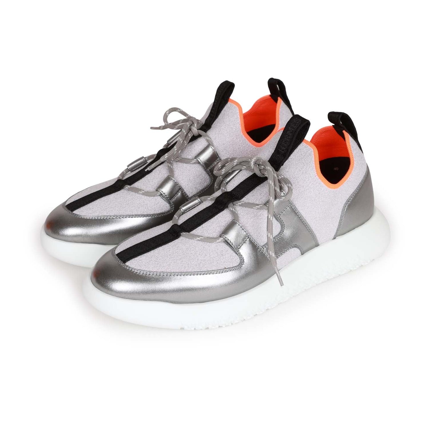 Hermes Duel Sneakers Silver, Black, and Orange Calfskin and Rubber 40