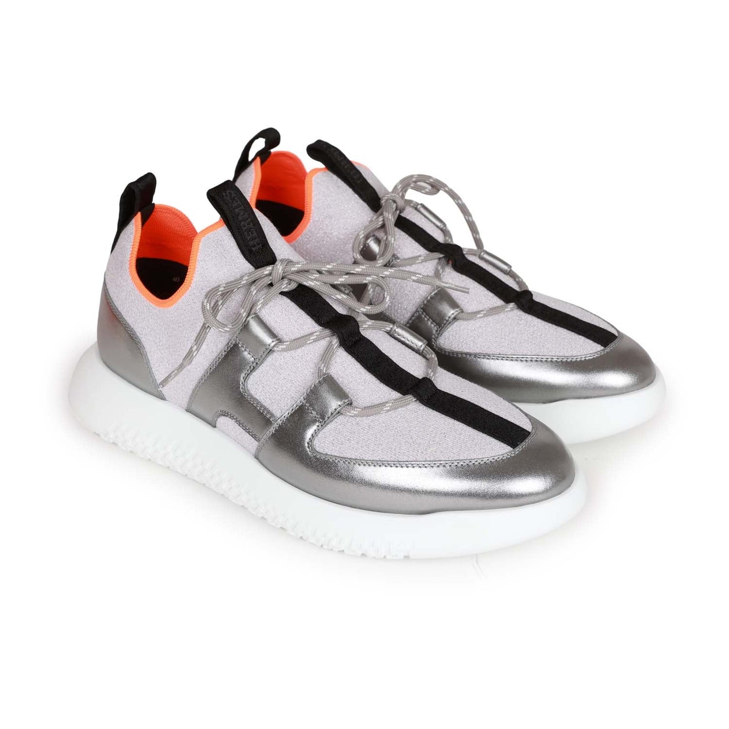 Hermes Duel Sneakers Silver, Black, and Orange Calfskin and Rubber 40