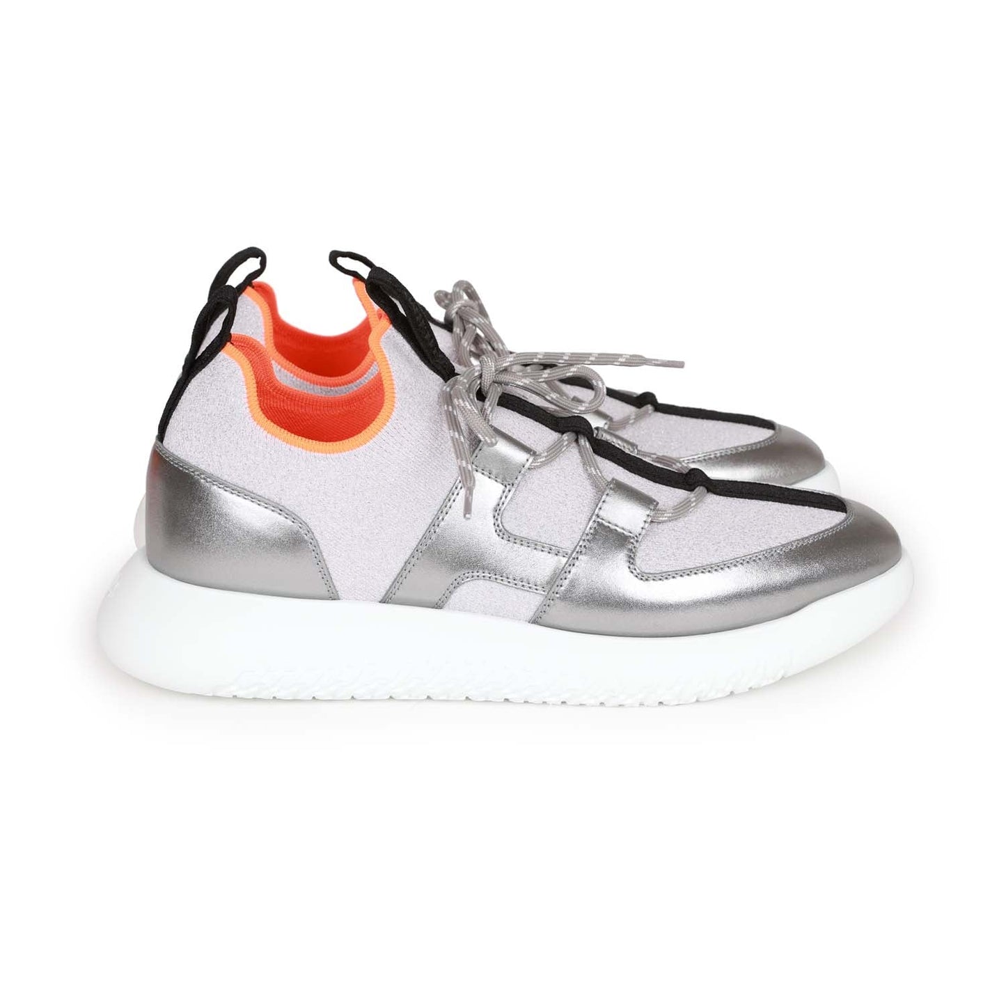 Hermes Duel Sneakers Silver, Black, and Orange Calfskin and Rubber 40