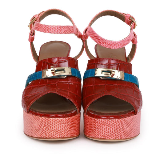 Hermes Calas High Heel Sandals Rouge H and Bleu Izmir Matte Alligator and Pink Lizard 37.5