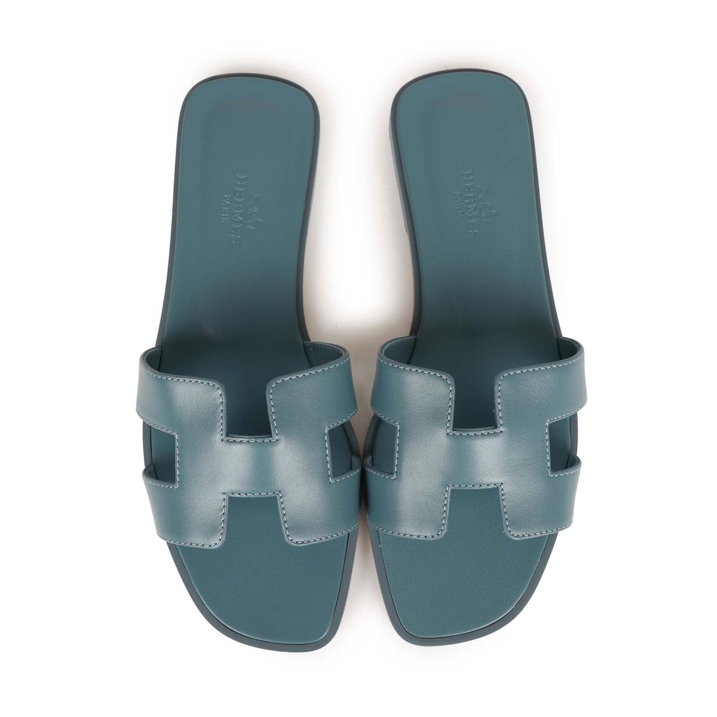 Hermes Oran Sandals Bleu Pinede Calfskin 37