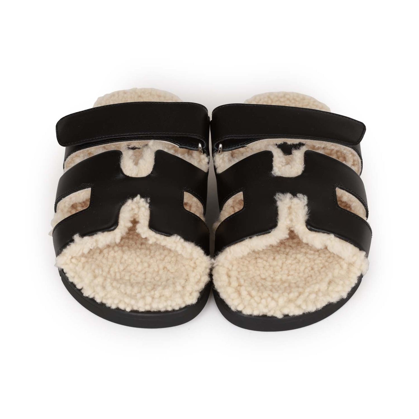 Hermes Chypre Sandals Black and Ecru Shearling 38