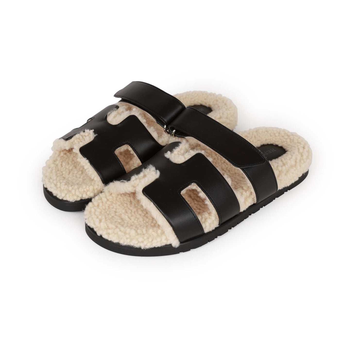 Hermes Chypre Sandals Black and Ecru Shearling 38