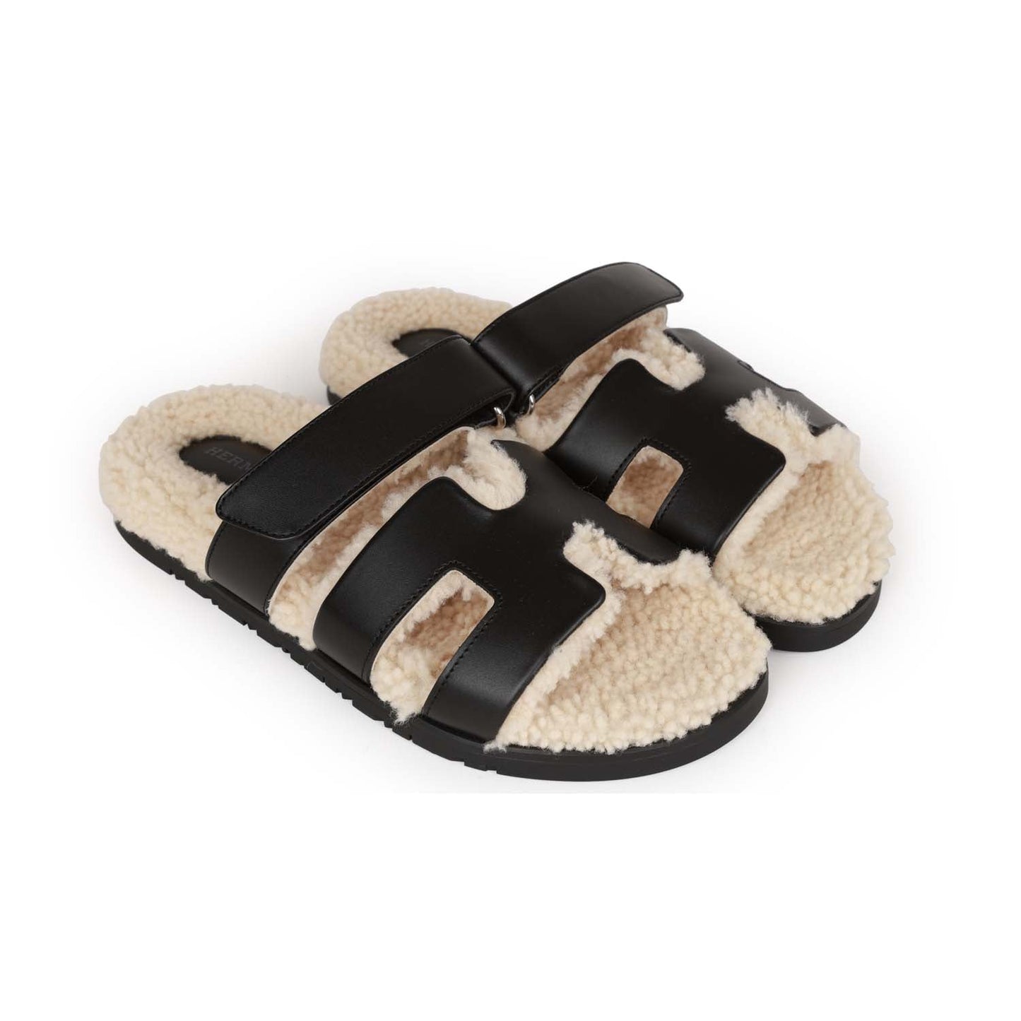 Hermes Chypre Sandals Black and Ecru Shearling 38