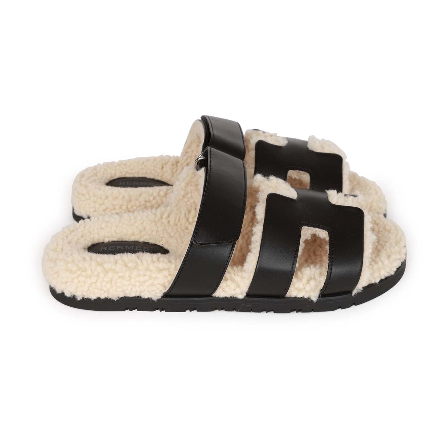 Hermes Chypre Sandals Black and Ecru Shearling 38