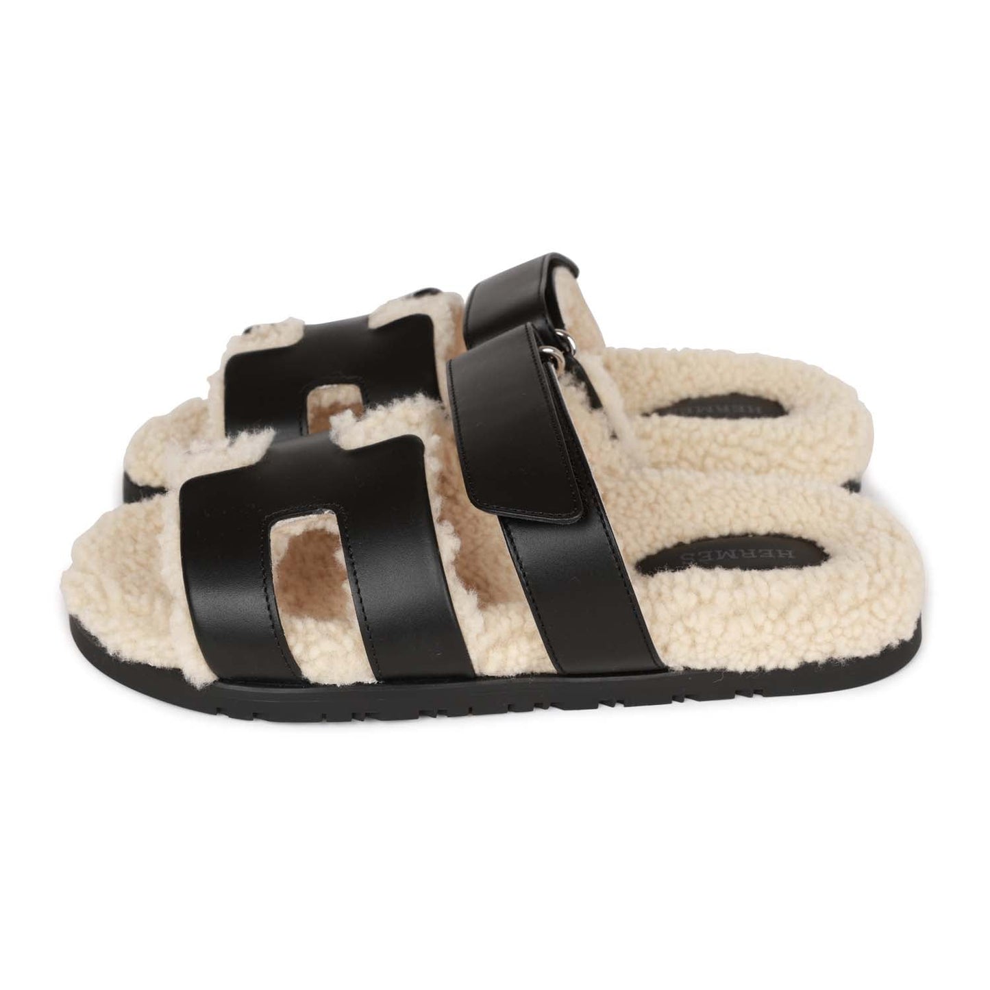 Hermes Chypre Sandals Black and Ecru Shearling 38