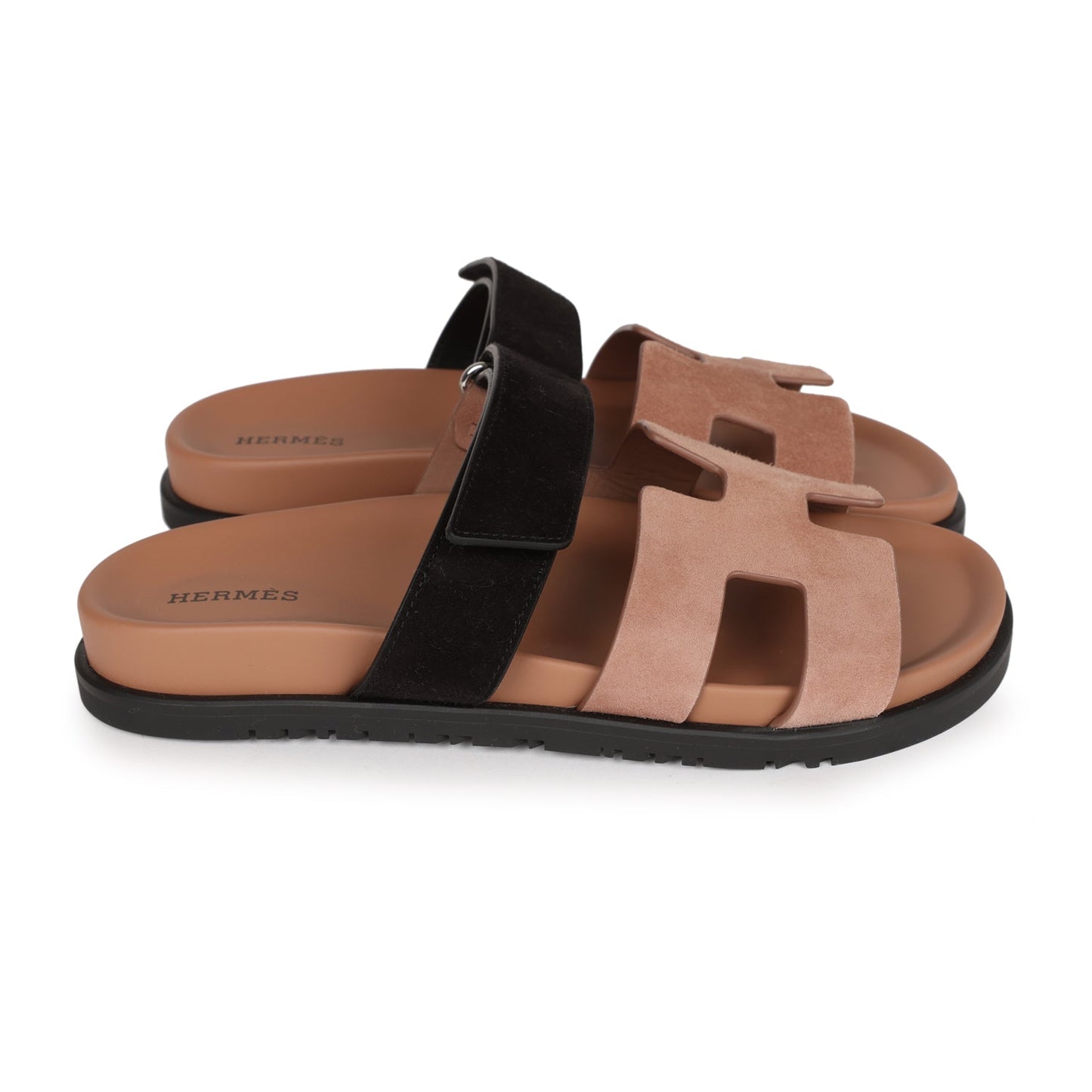 Hermes Chypre Sandals Rose Perle and Black Suede 38 EU