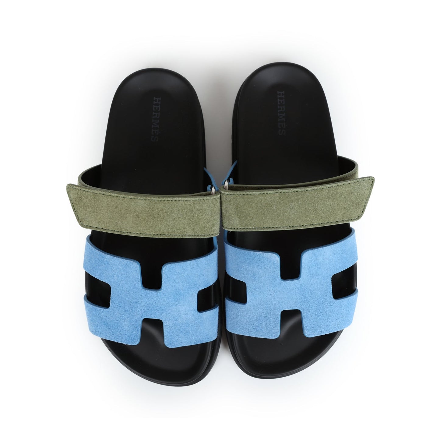 Hermes Chypre Techno Sandals Bleu Cameo/Vert Suede 36 EU Palladium Hardware