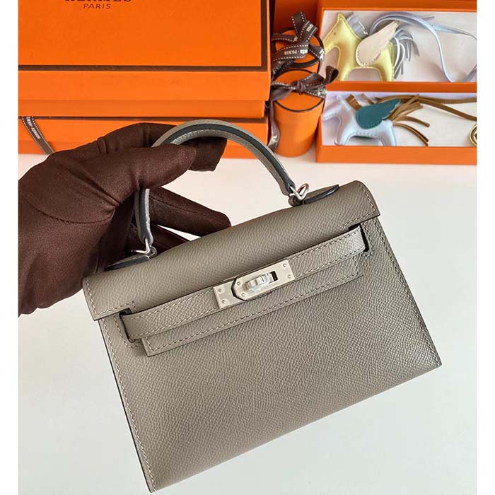 Hermes Women Mini Kelly 20 Bag Epsom Leather Silver Hardware-Grey