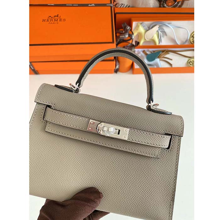 Hermes Women Mini Kelly 20 Bag Epsom Leather Silver Hardware-Grey