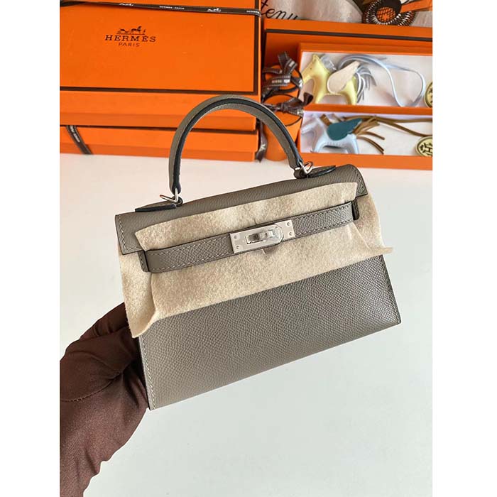 Hermes Women Mini Kelly 20 Bag Epsom Leather Silver Hardware-Grey