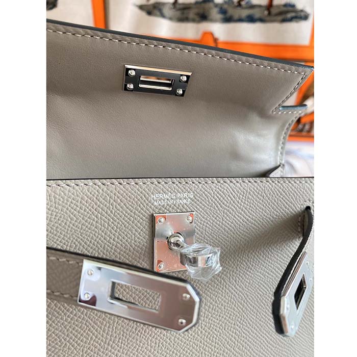 Hermes Women Mini Kelly 20 Bag Epsom Leather Silver Hardware-Grey