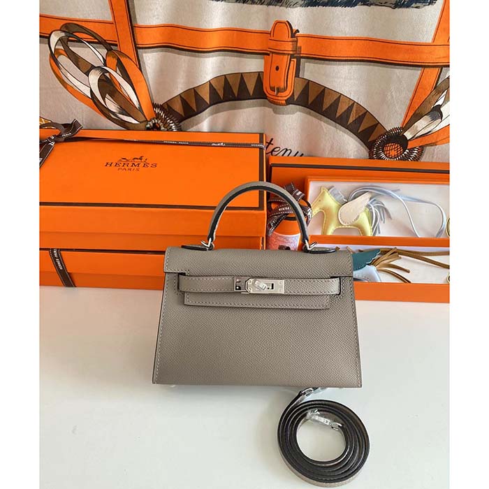 Hermes Women Mini Kelly 20 Bag Epsom Leather Silver Hardware-Grey