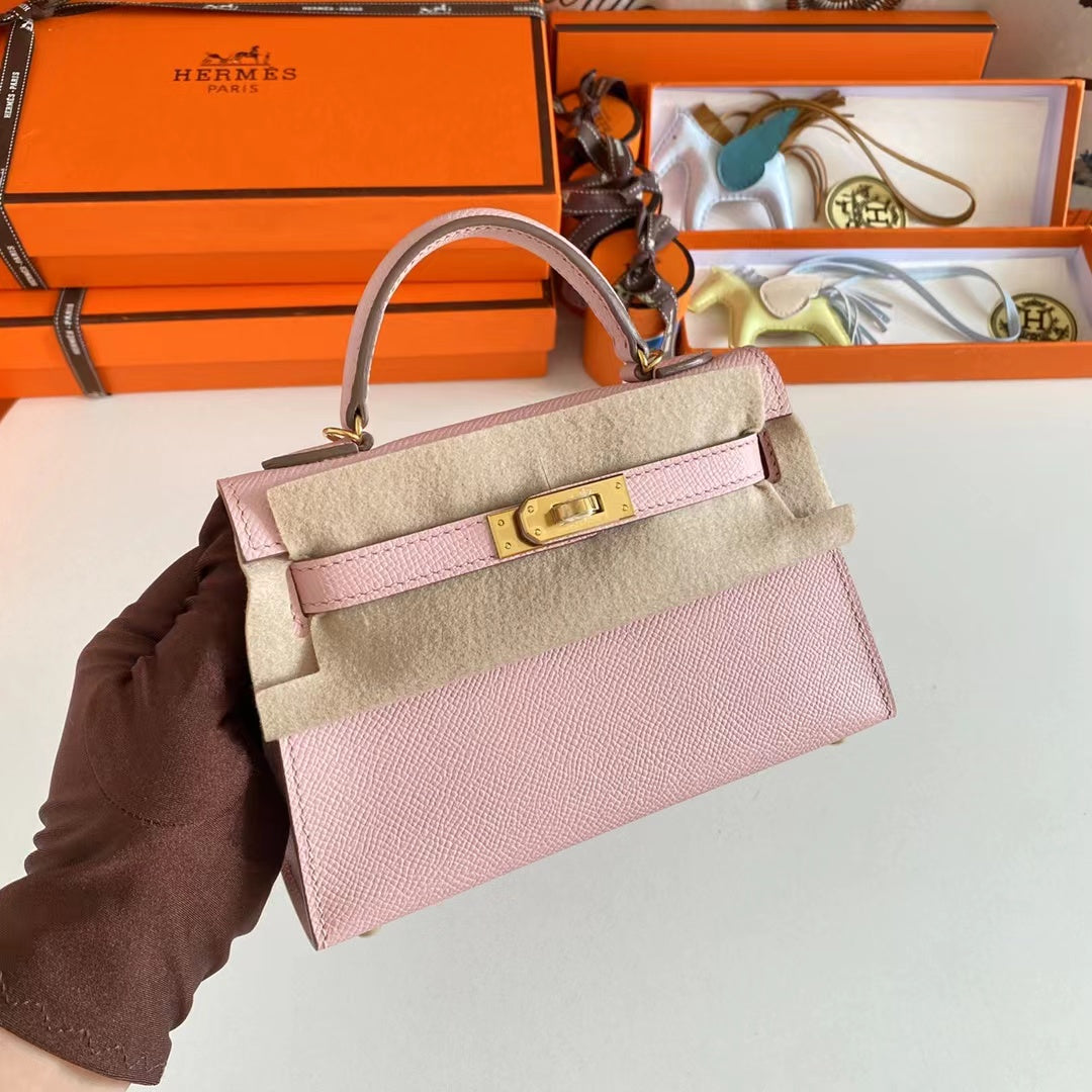 Hermes Women Mini Kelly 20 Bag Epsom Leather Gold Hardware-Pink