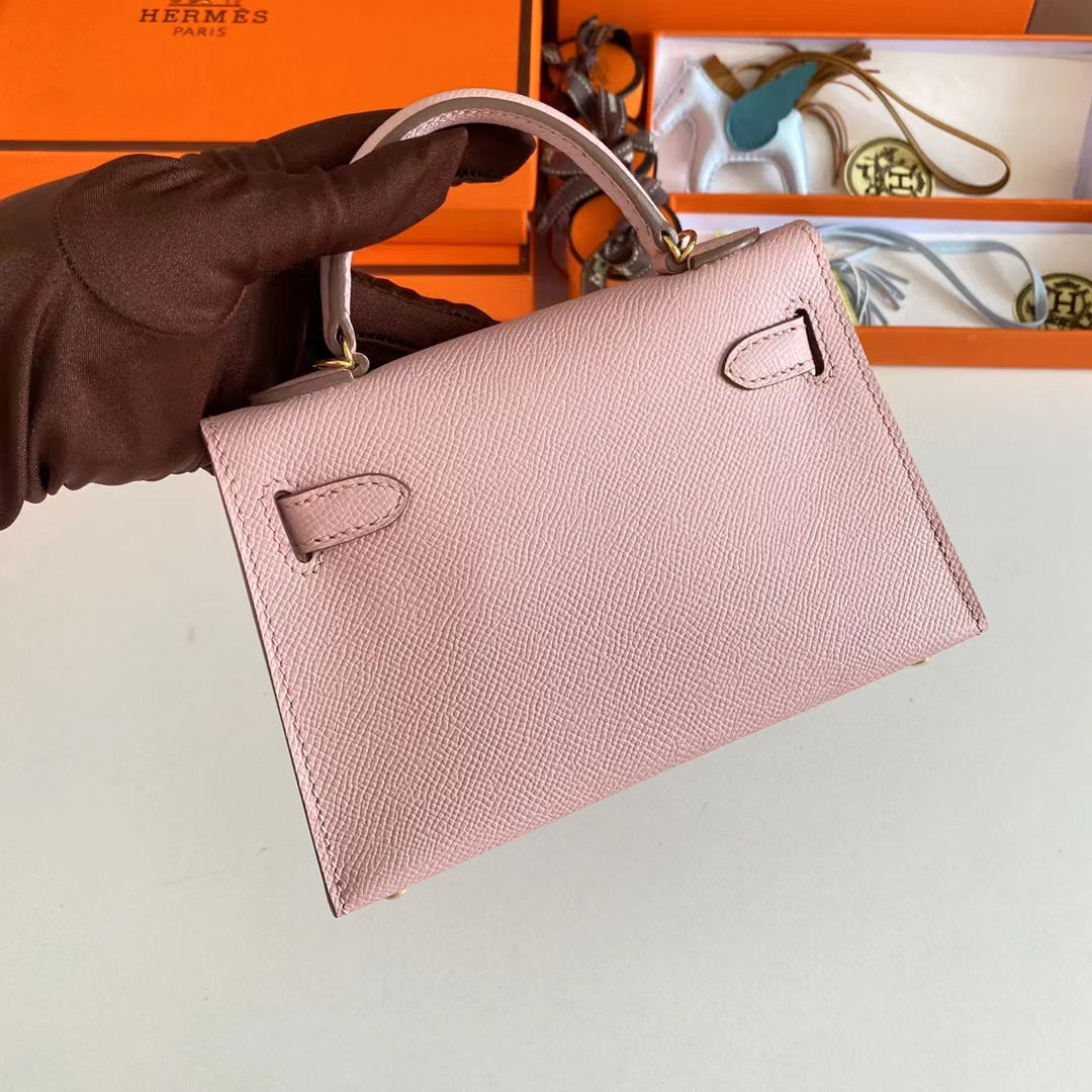 Hermes Women Mini Kelly 20 Bag Epsom Leather Gold Hardware-Pink