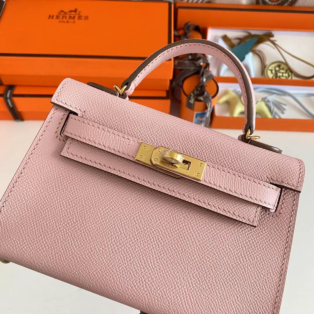 Hermes Women Mini Kelly 20 Bag Epsom Leather Gold Hardware-Pink