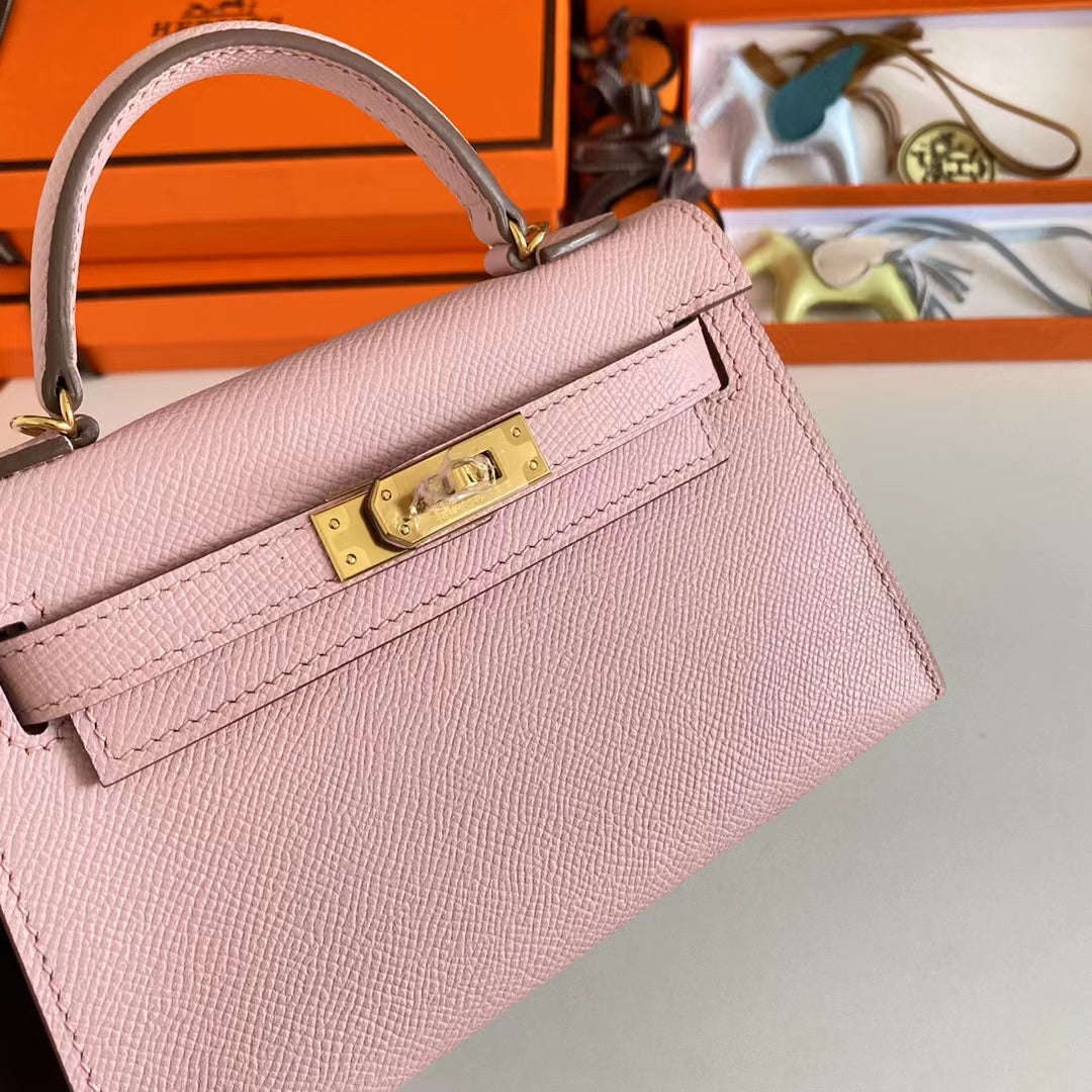 Hermes Women Mini Kelly 20 Bag Epsom Leather Gold Hardware-Pink