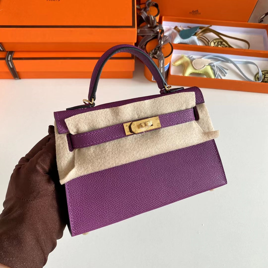 Hermes Women Mini Kelly 20 Bag Epsom Leather Gold Hardware-Purple