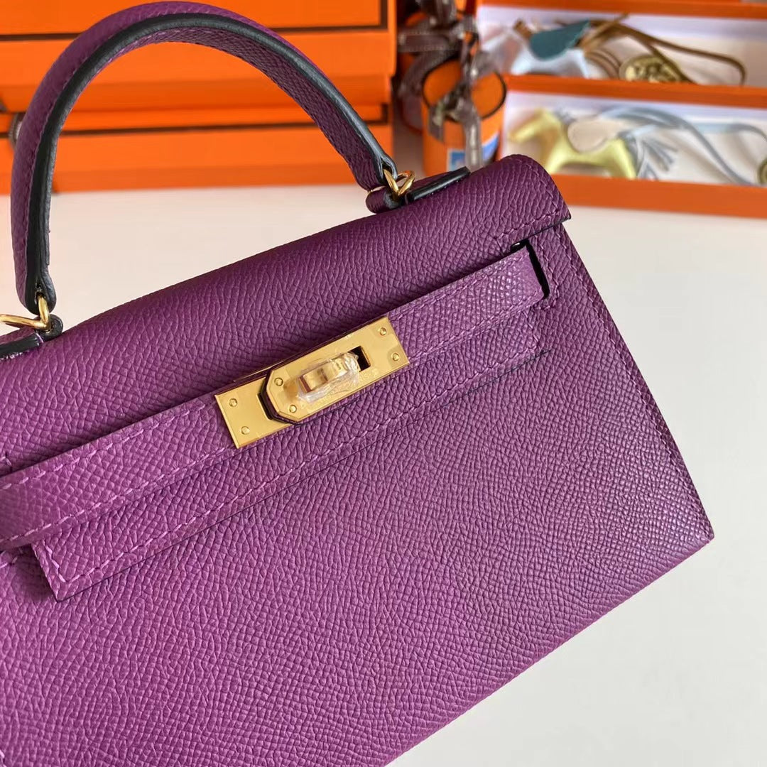 Hermes Women Mini Kelly 20 Bag Epsom Leather Gold Hardware-Purple