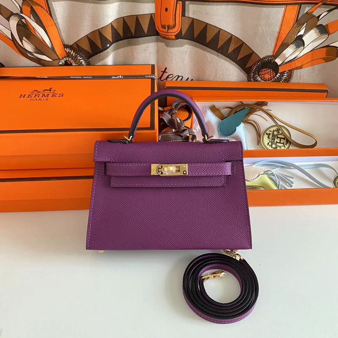 Hermes Women Mini Kelly 20 Bag Epsom Leather Gold Hardware-Purple