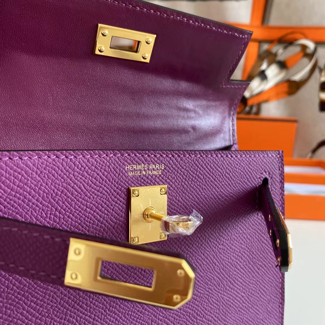 Hermes Women Mini Kelly 20 Bag Epsom Leather Gold Hardware-Purple