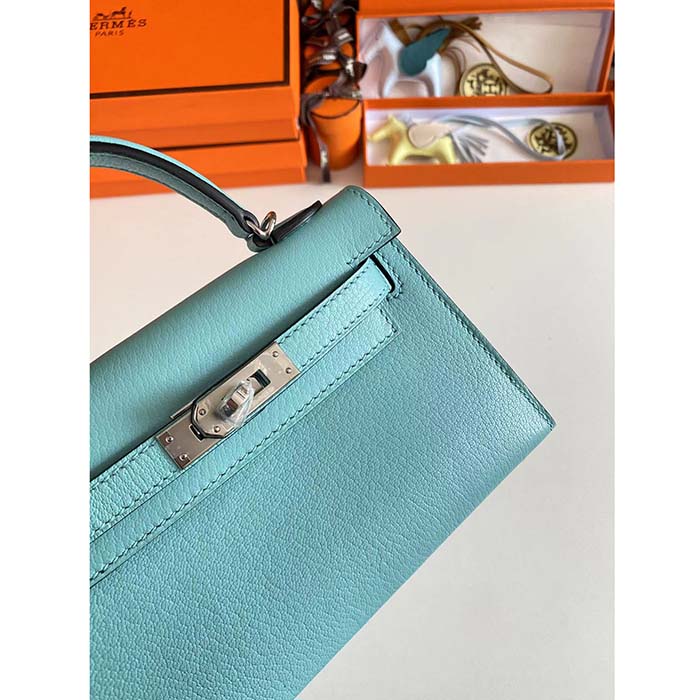 Hermes Women Mini Kelly 20 Bag Epsom Leather Silver Hardware-Blue