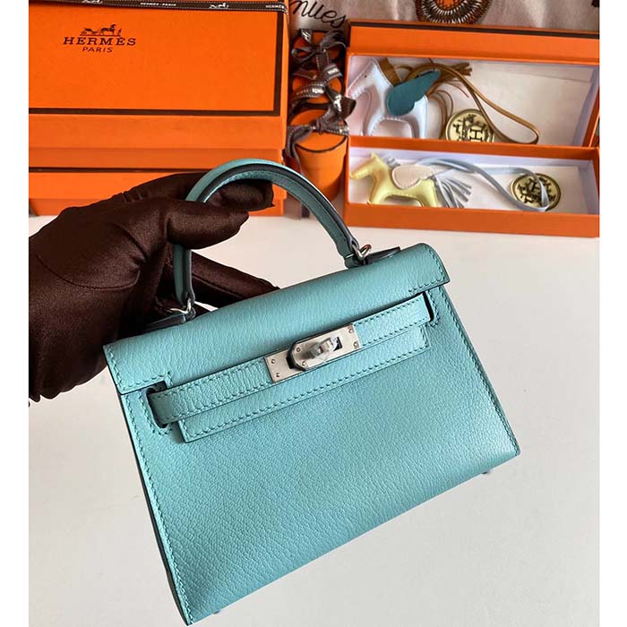 Hermes Women Mini Kelly 20 Bag Epsom Leather Silver Hardware-Blue