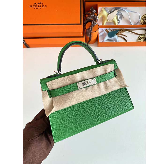 Hermes Women Mini Kelly 20 Bag Epsom Leather Silver Hardware-Bright Green