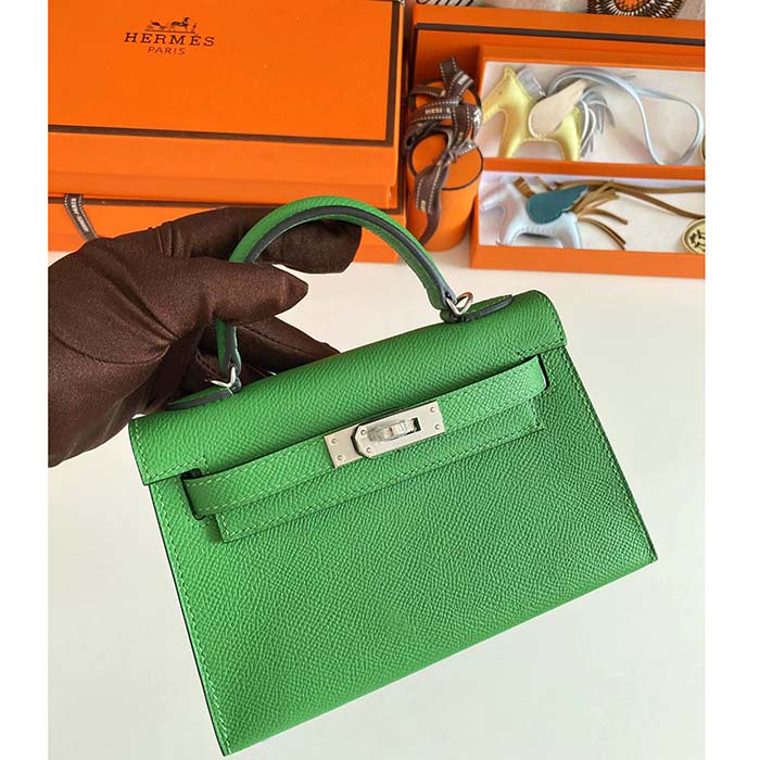 Hermes Women Mini Kelly 20 Bag Epsom Leather Silver Hardware-Bright Green