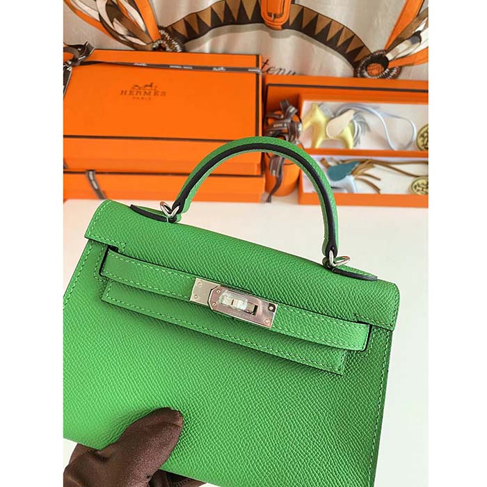 Hermes Women Mini Kelly 20 Bag Epsom Leather Silver Hardware-Bright Green