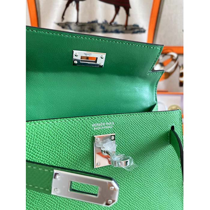 Hermes Women Mini Kelly 20 Bag Epsom Leather Silver Hardware-Bright Green