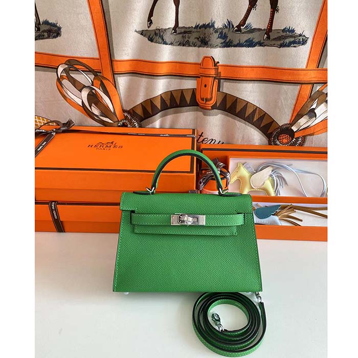 Hermes Women Mini Kelly 20 Bag Epsom Leather Silver Hardware-Bright Green