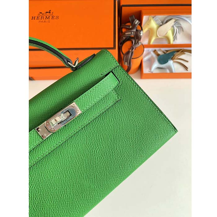 Hermes Women Mini Kelly 20 Bag Epsom Leather Silver Hardware-Bright Green