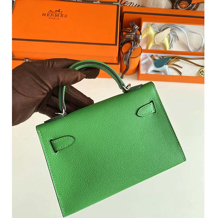 Hermes Women Mini Kelly 20 Bag Epsom Leather Silver Hardware-Bright Green