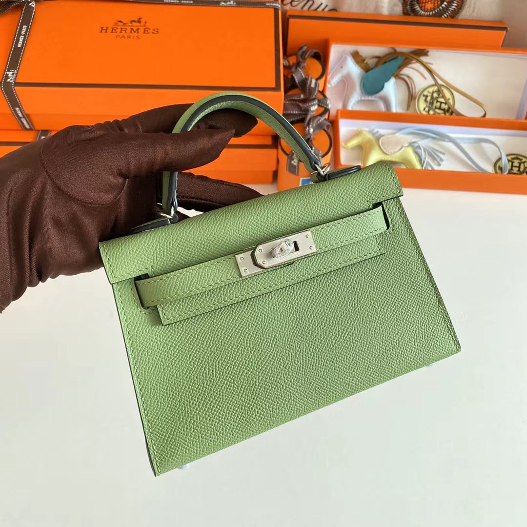 Hermes Women Mini Kelly 20 Bag Epsom Leather Silver Hardware-Light Green