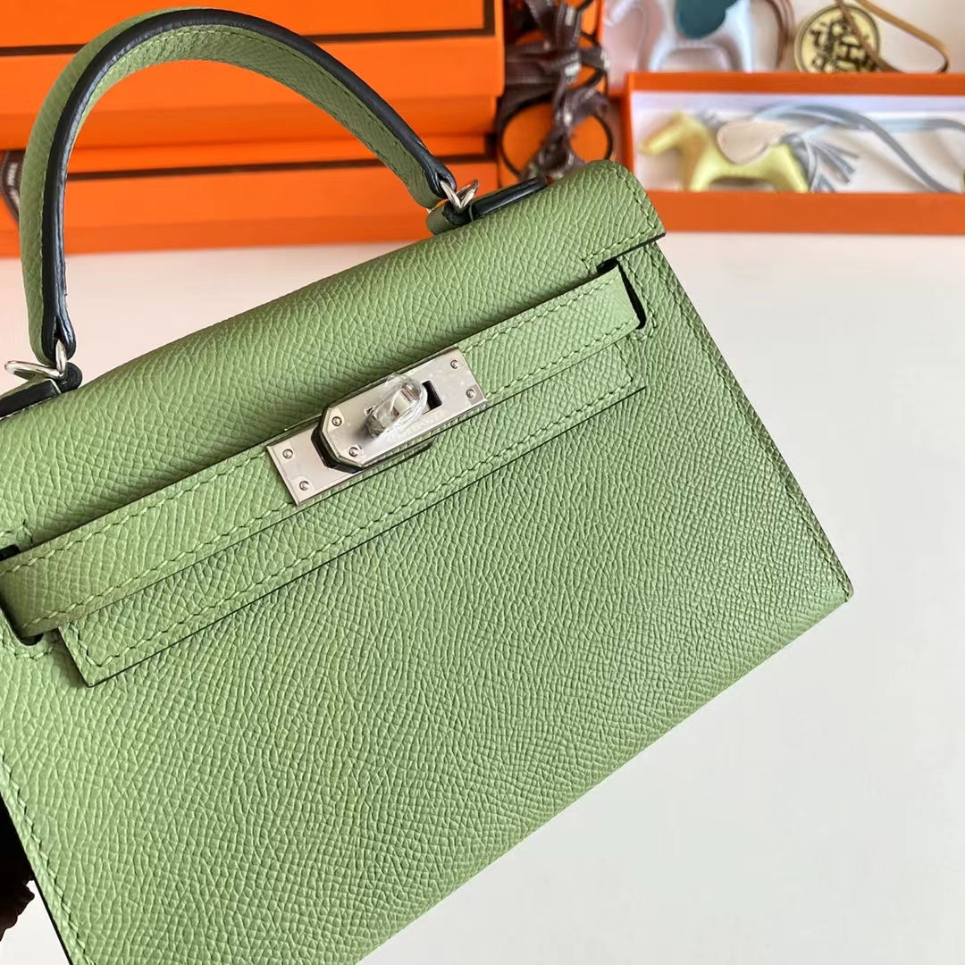 Hermes Women Mini Kelly 20 Bag Epsom Leather Silver Hardware-Light Green