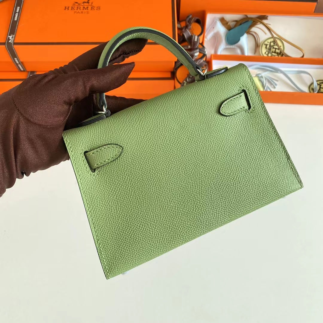 Hermes Women Mini Kelly 20 Bag Epsom Leather Silver Hardware-Light Green