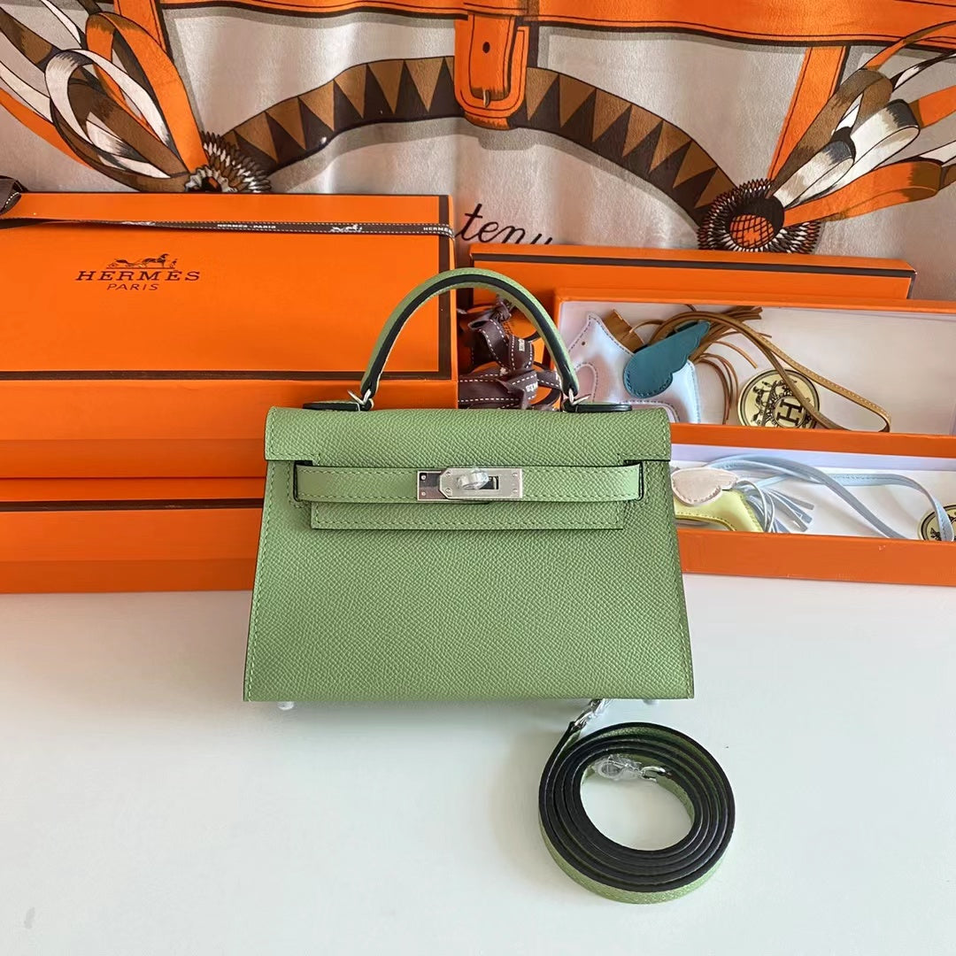 Hermes Women Mini Kelly 20 Bag Epsom Leather Silver Hardware-Light Green