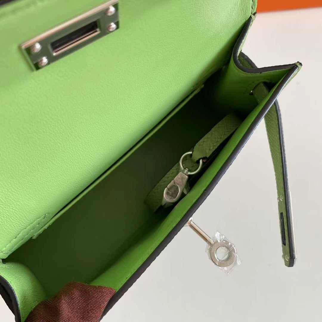 Hermes Women Mini Kelly 20 Bag Epsom Leather Silver Hardware-Light Green