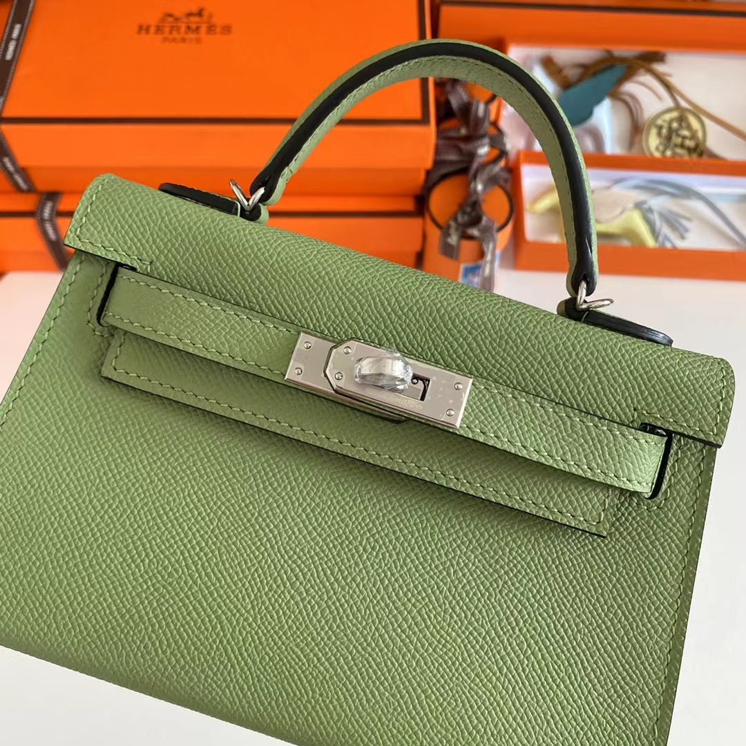 Hermes Women Mini Kelly 20 Bag Epsom Leather Silver Hardware-Light Green