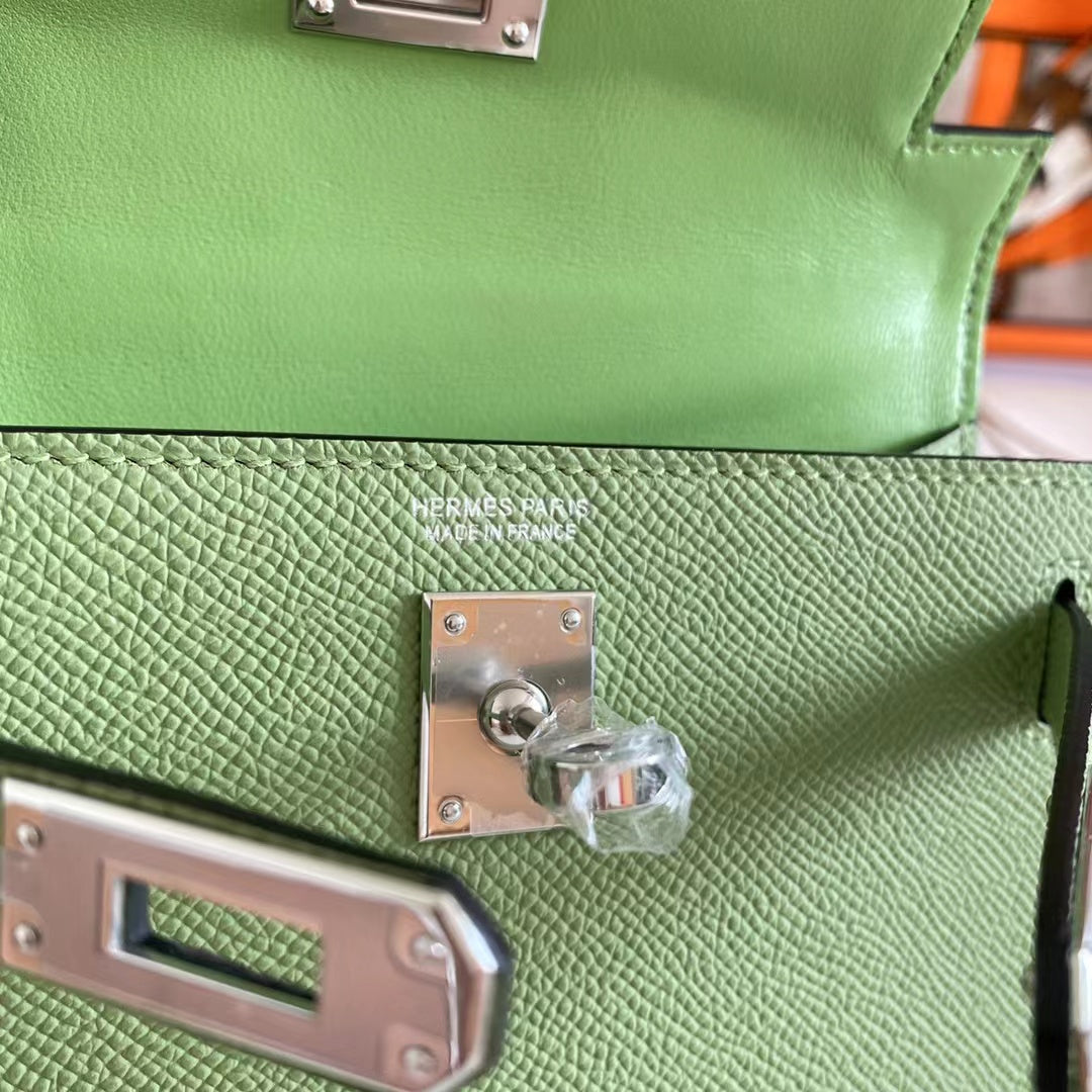 Hermes Women Mini Kelly 20 Bag Epsom Leather Silver Hardware-Light Green