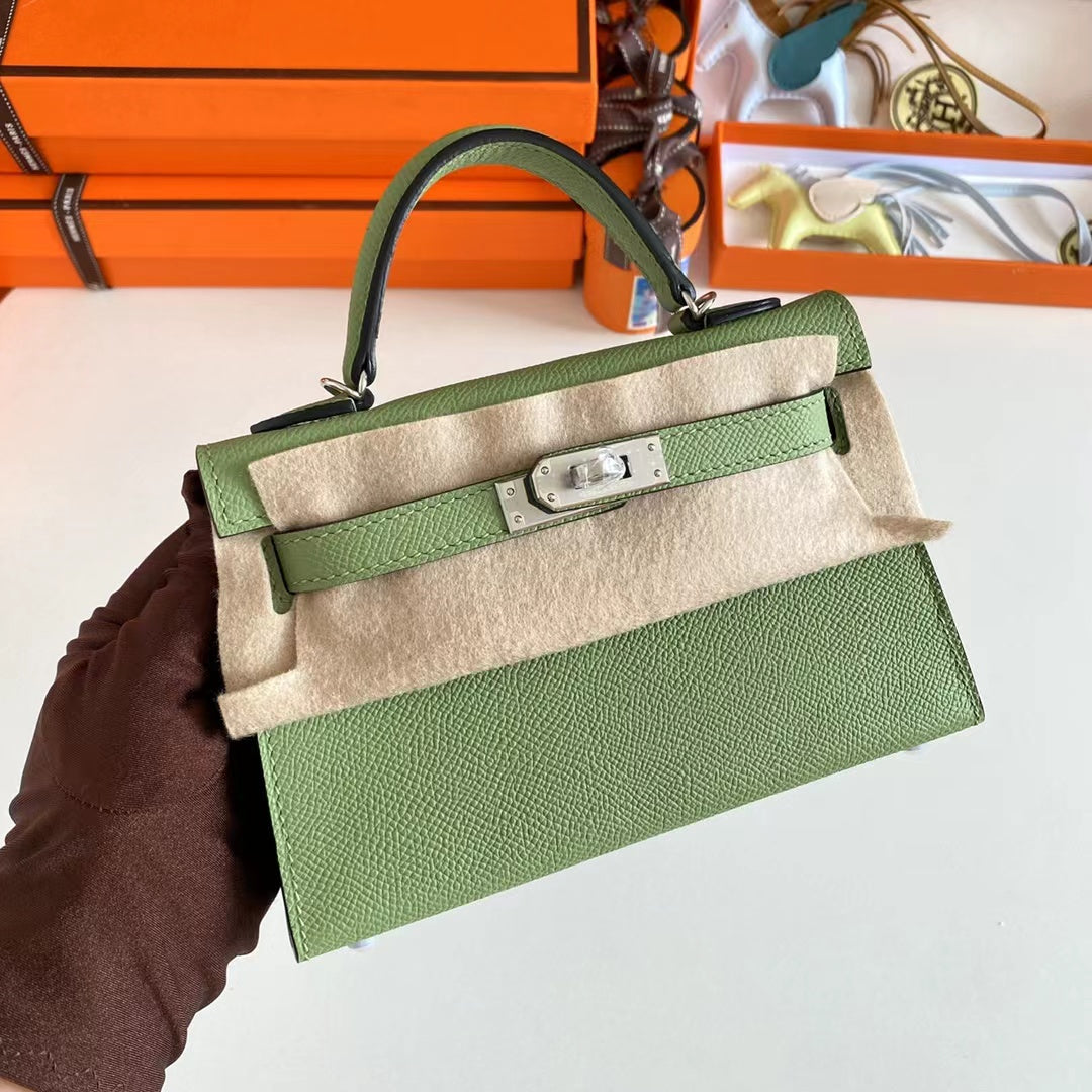 Hermes Women Mini Kelly 20 Bag Epsom Leather Silver Hardware-Light Green